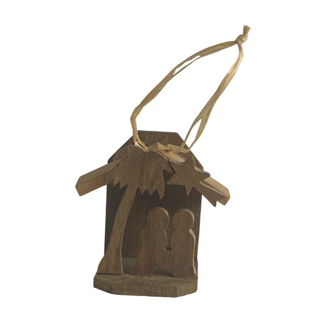 Vintage Hand Carved Wood Nativity Christmas Ornament Holy Family‎ Palm Tree 3in